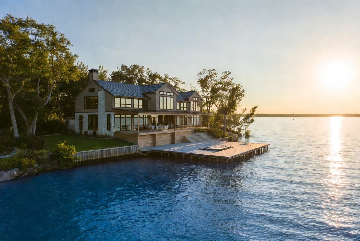 Professional home inspector examining foundation of lakefront home near Table Rock Lake