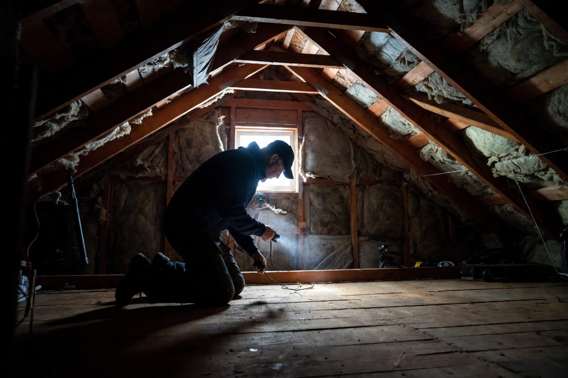 Inspector checking for mold in attic space of lake home using professional moisture meter and flashlight
