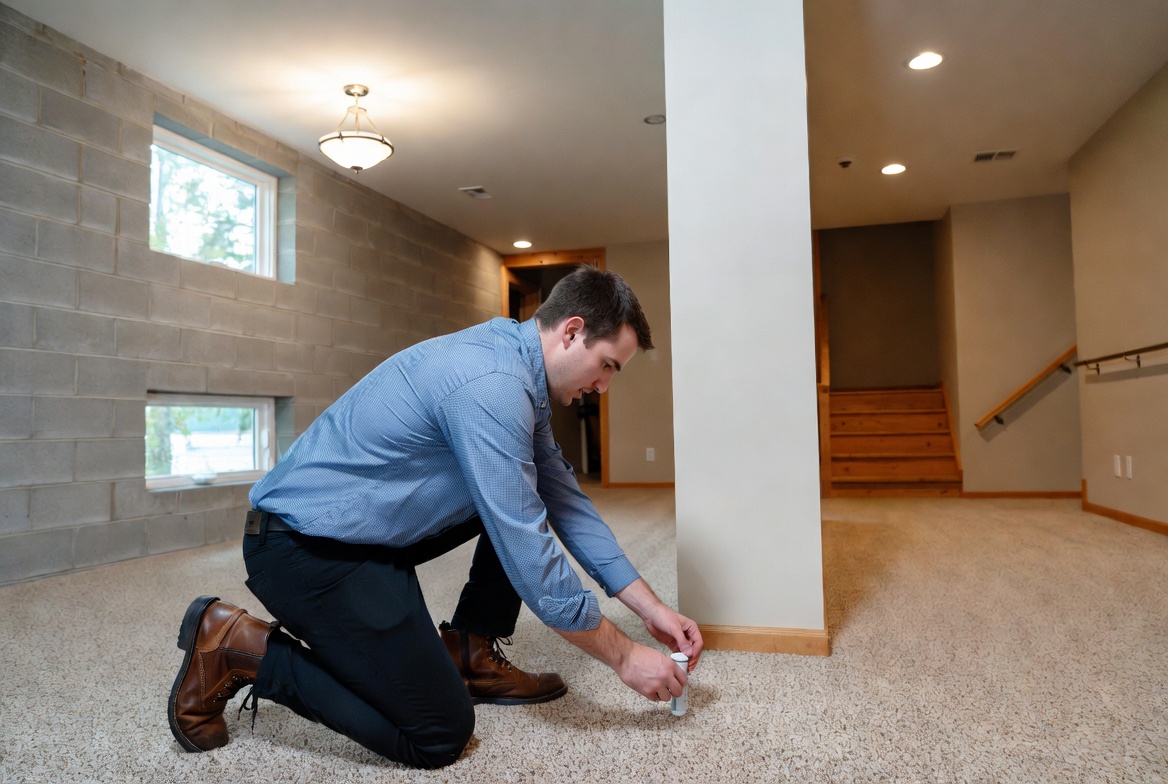 Inspector placing radon test kit in basement of Missouri lake home