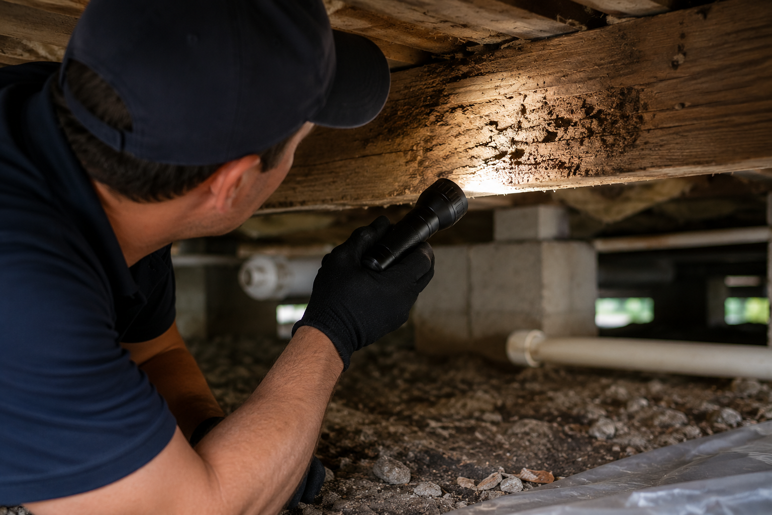 Inspector performing detailed termite and wood-destroying insect inspection in crawlspace