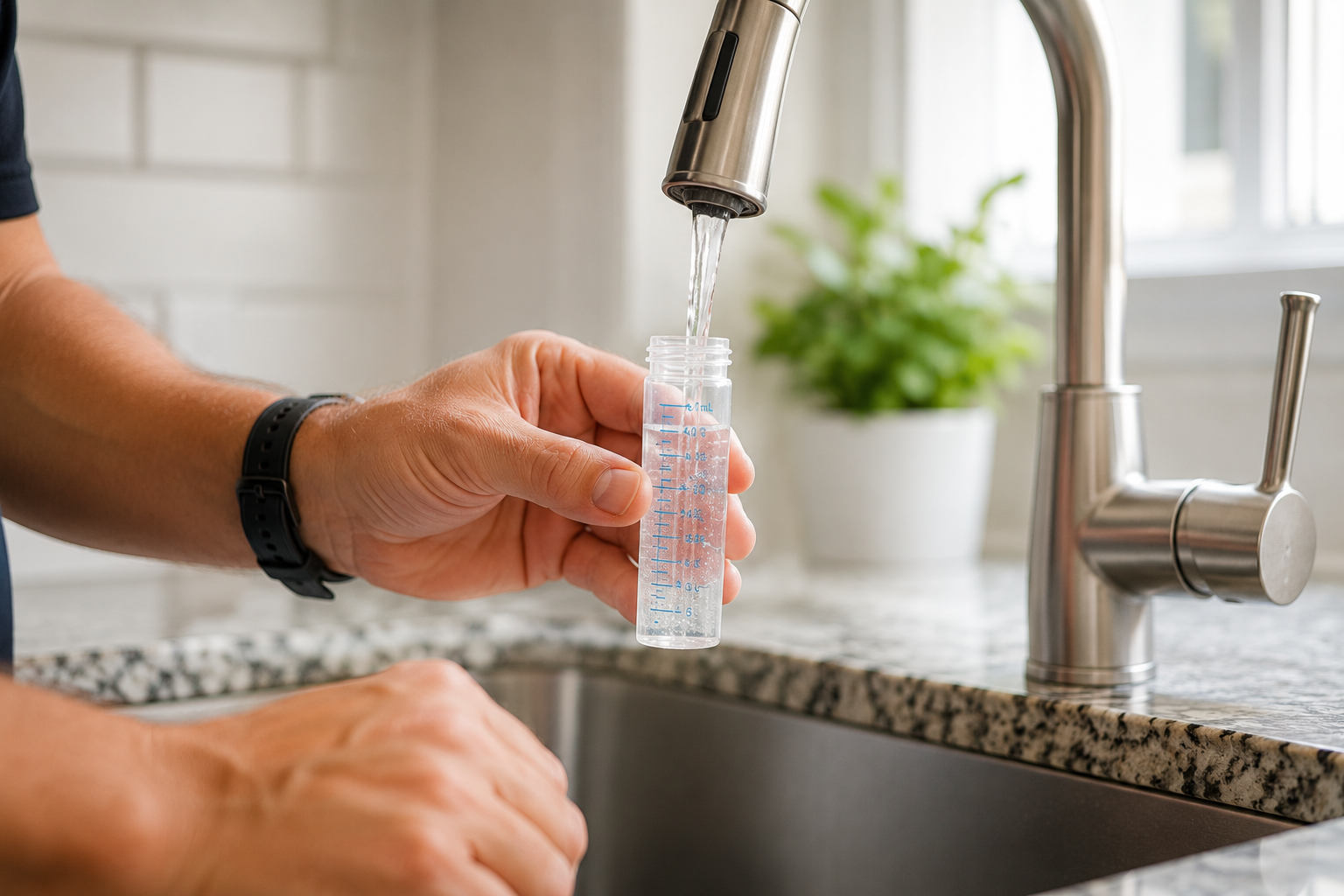Professional inspector collecting water sample from kitchen faucet for testing at a Table Rock Lake home